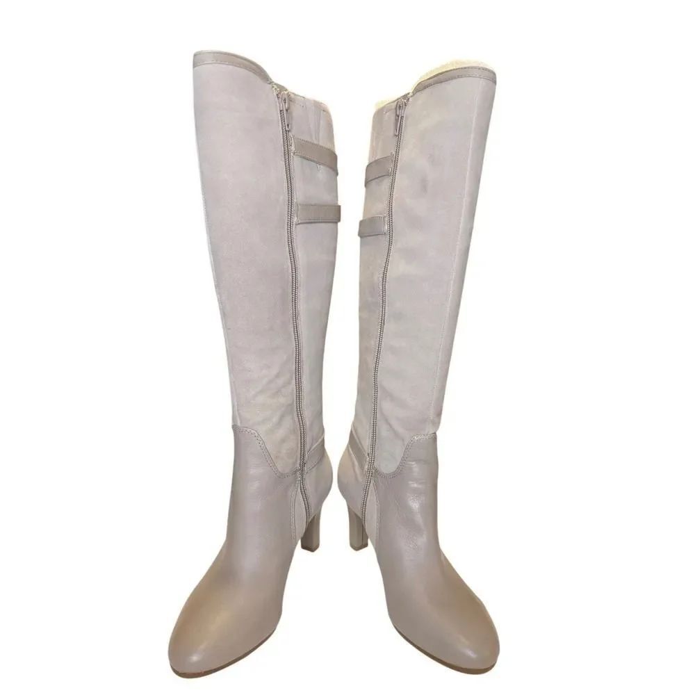 NWT Alex Marie Beige Leather & Suede Knee High Buckle Boots Block Heel Zip Sz. 6